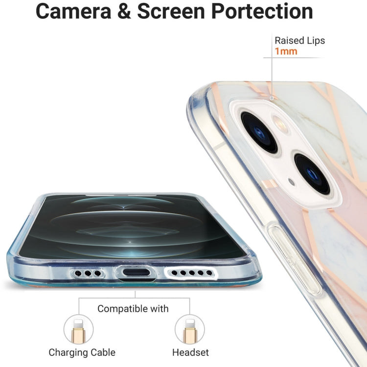 For iPhone 14 Plus Electroplating Splicing Marble Flower Pattern Dual-side IMD TPU Shockproof Phone Case