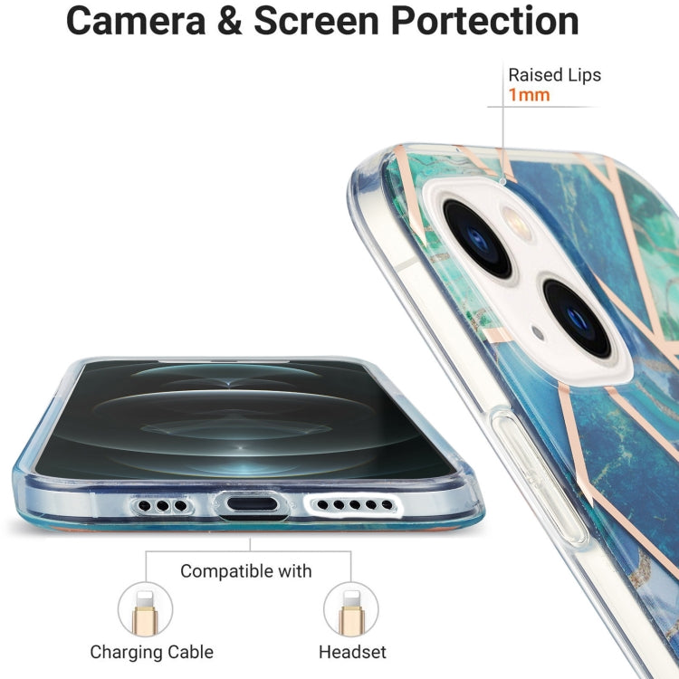 For iPhone 14 Plus Electroplating Splicing Marble Flower Pattern Dual-side IMD TPU Shockproof Phone Case