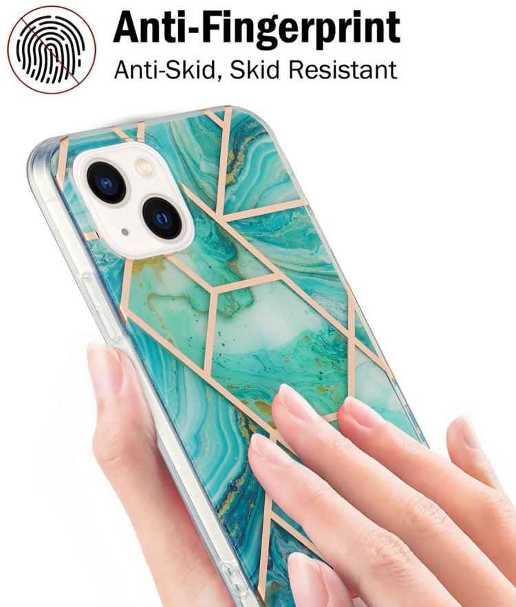 For iPhone 14 Plus Electroplating Splicing Marble Flower Pattern Dual-side IMD TPU Shockproof Phone Case