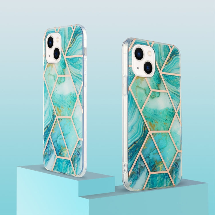 For iPhone 14 Plus Electroplating Splicing Marble Flower Pattern Dual-side IMD TPU Shockproof Phone Case