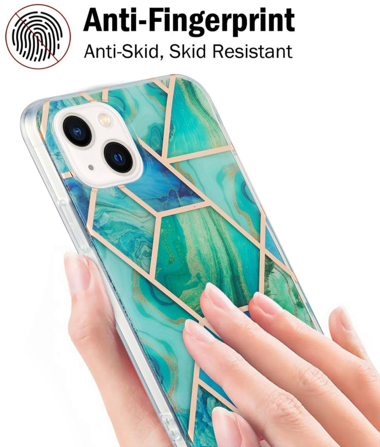 For iPhone 14 Plus Electroplating Splicing Marble Flower Pattern Dual-side IMD TPU Shockproof Phone Case
