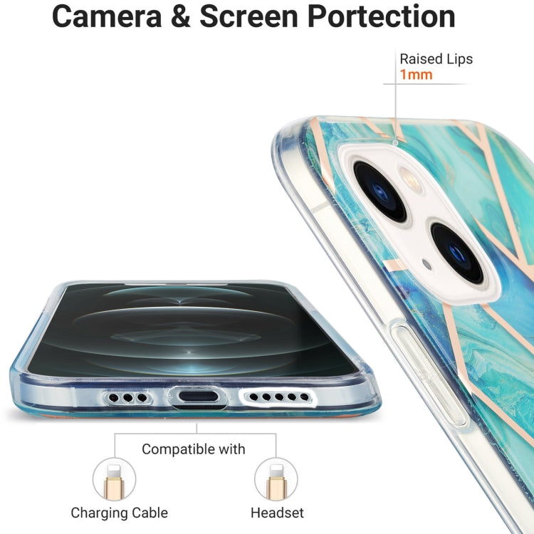 For iPhone 14 Plus Electroplating Splicing Marble Flower Pattern Dual-side IMD TPU Shockproof Phone Case