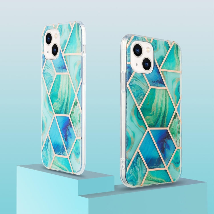 For iPhone 14 Plus Electroplating Splicing Marble Flower Pattern Dual-side IMD TPU Shockproof Phone Case