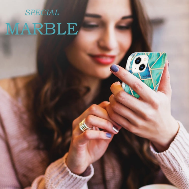 For iPhone 14 Plus Electroplating Splicing Marble Flower Pattern Dual-side IMD TPU Shockproof Phone Case