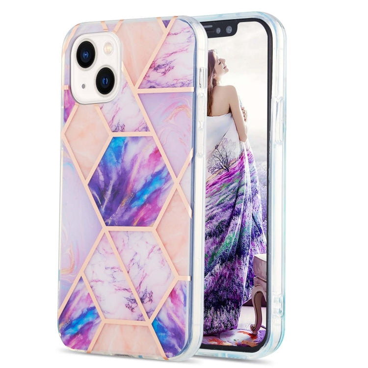 For iPhone 14 Plus Electroplating Splicing Marble Flower Pattern Dual-side IMD TPU Shockproof Phone Case