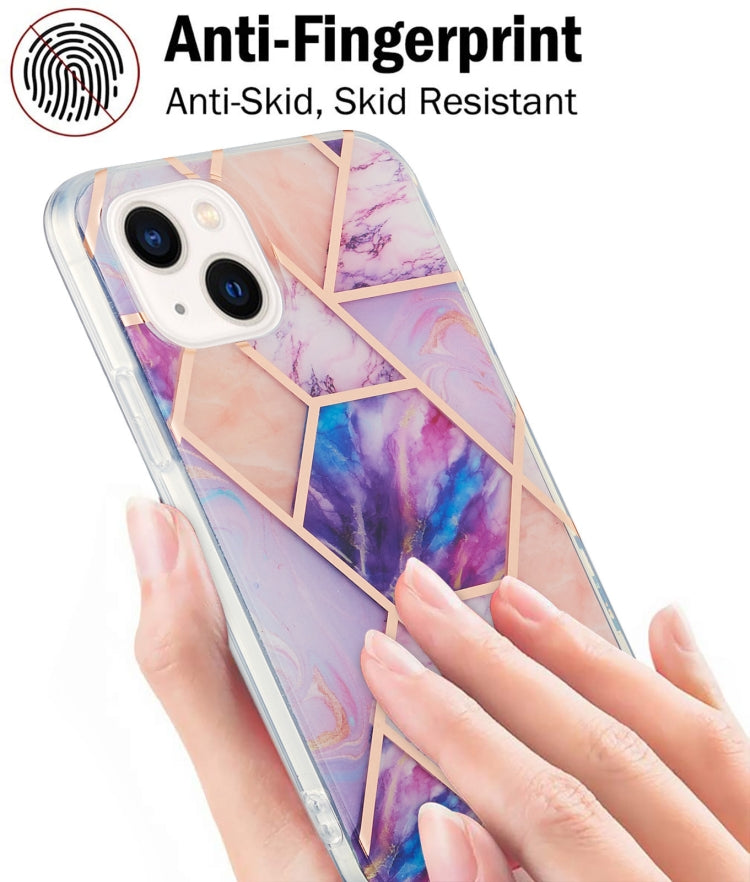 For iPhone 14 Plus Electroplating Splicing Marble Flower Pattern Dual-side IMD TPU Shockproof Phone Case