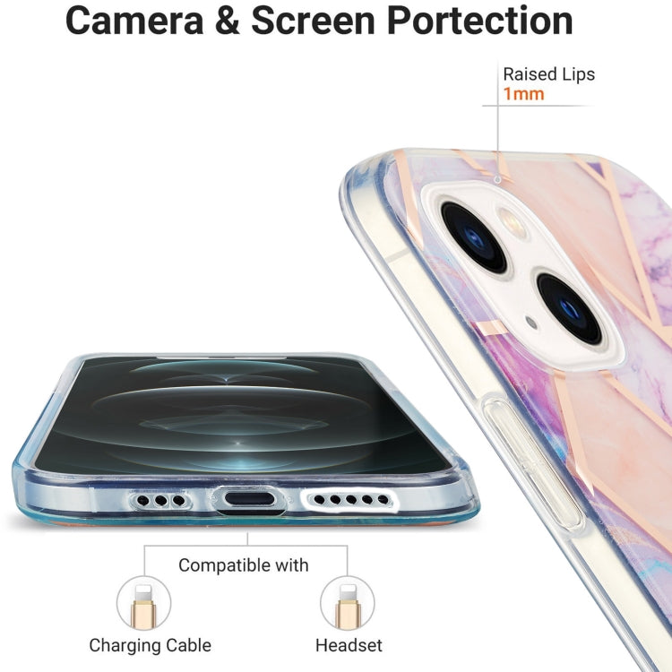 For iPhone 14 Plus Electroplating Splicing Marble Flower Pattern Dual-side IMD TPU Shockproof Phone Case