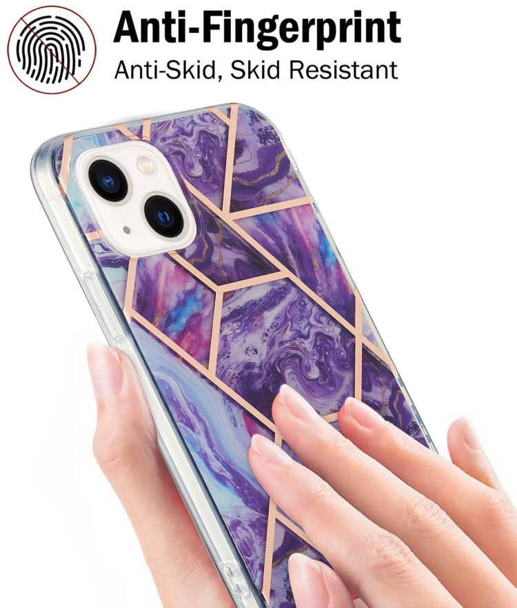 For iPhone 14 Plus Electroplating Splicing Marble Flower Pattern Dual-side IMD TPU Shockproof Phone Case