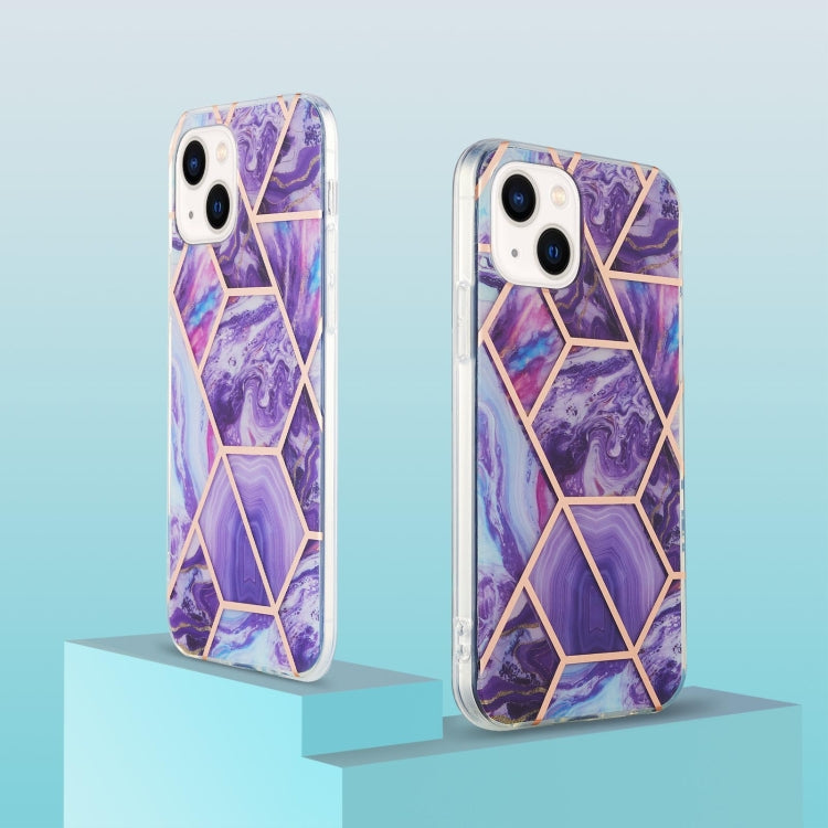 For iPhone 14 Plus Electroplating Splicing Marble Flower Pattern Dual-side IMD TPU Shockproof Phone Case