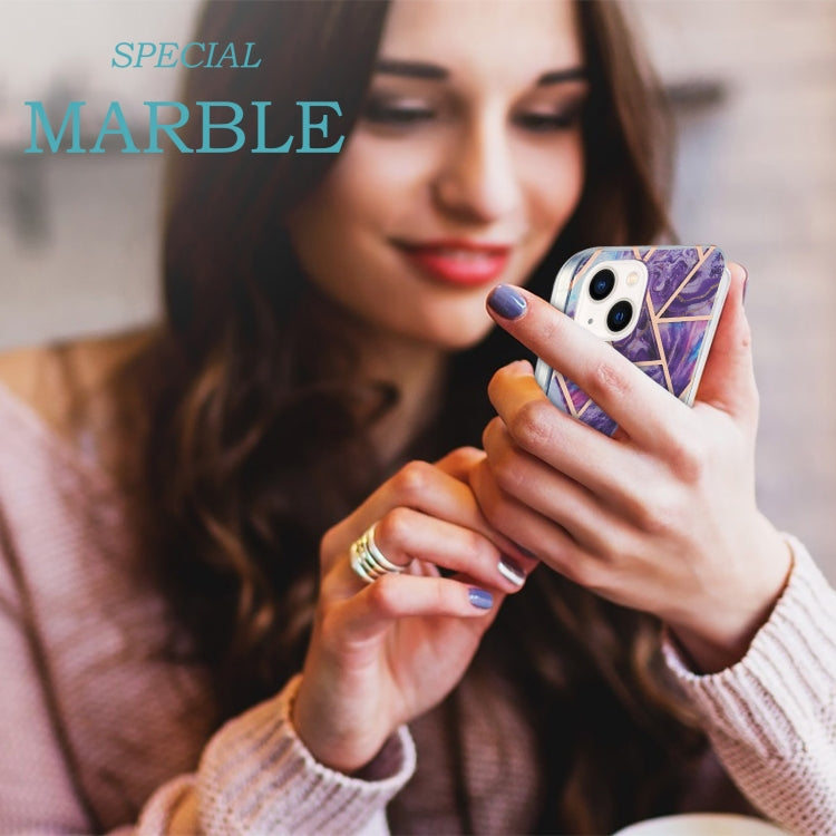 For iPhone 14 Plus Electroplating Splicing Marble Flower Pattern Dual-side IMD TPU Shockproof Phone Case