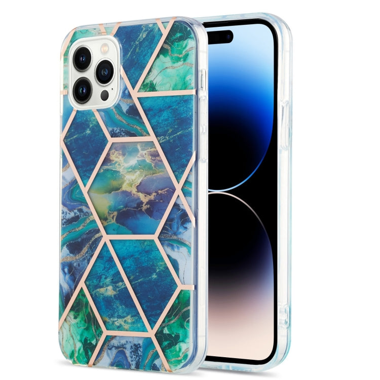 For iPhone 14 Pro Electroplating Splicing Marble Flower Pattern Dual-side IMD TPU Shockproof Phone Case