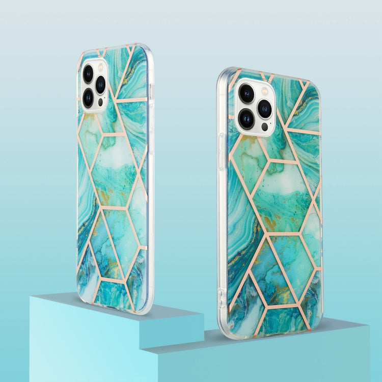 For iPhone 14 Pro Electroplating Splicing Marble Flower Pattern Dual-side IMD TPU Shockproof Phone Case