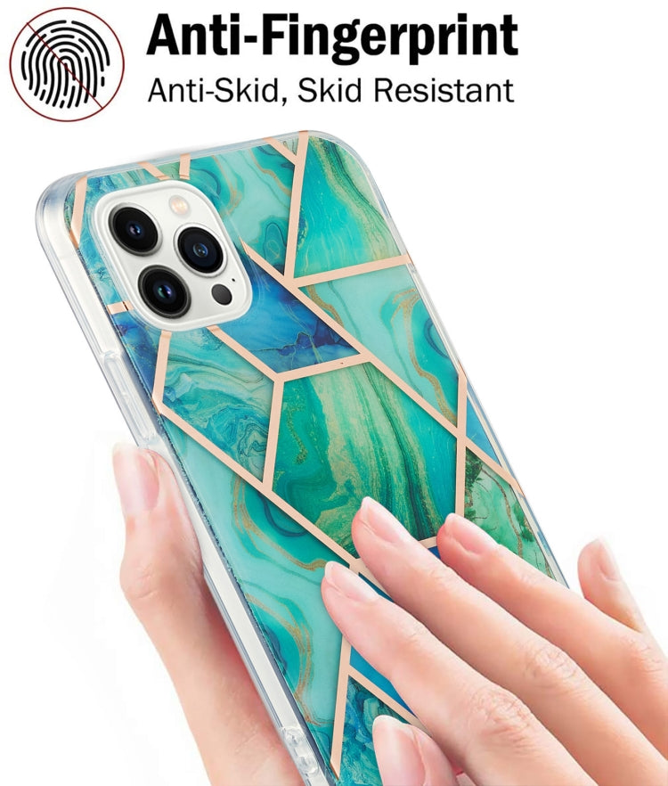 For iPhone 14 Pro Electroplating Splicing Marble Flower Pattern Dual-side IMD TPU Shockproof Phone Case