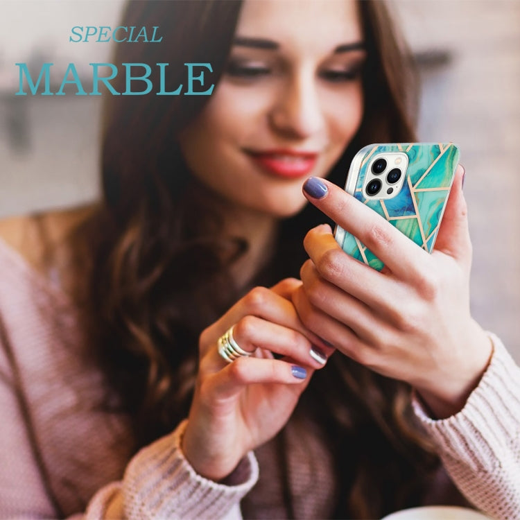 For iPhone 14 Pro Electroplating Splicing Marble Flower Pattern Dual-side IMD TPU Shockproof Phone Case