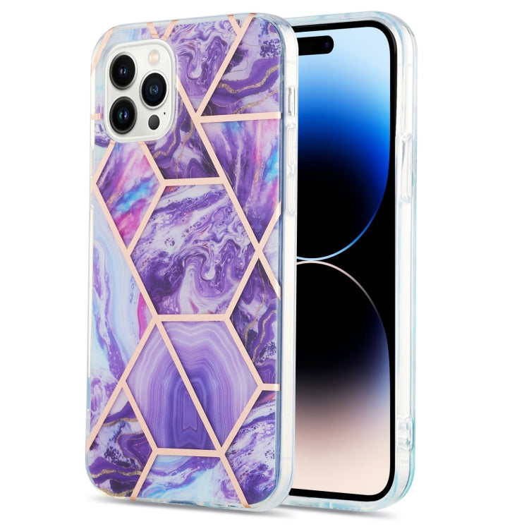 For iPhone 14 Pro Electroplating Splicing Marble Flower Pattern Dual-side IMD TPU Shockproof Phone Case