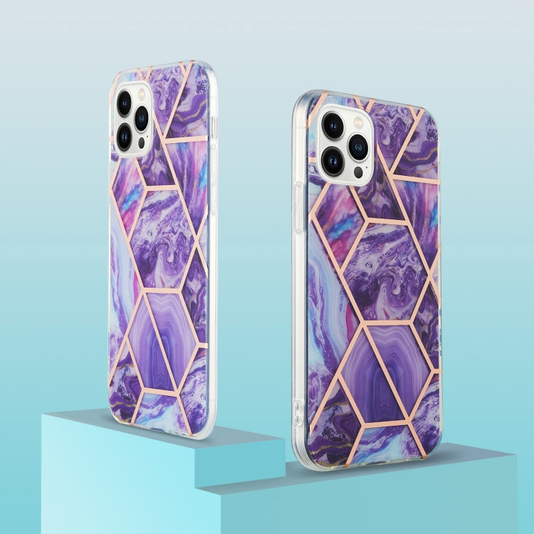 For iPhone 14 Pro Electroplating Splicing Marble Flower Pattern Dual-side IMD TPU Shockproof Phone Case