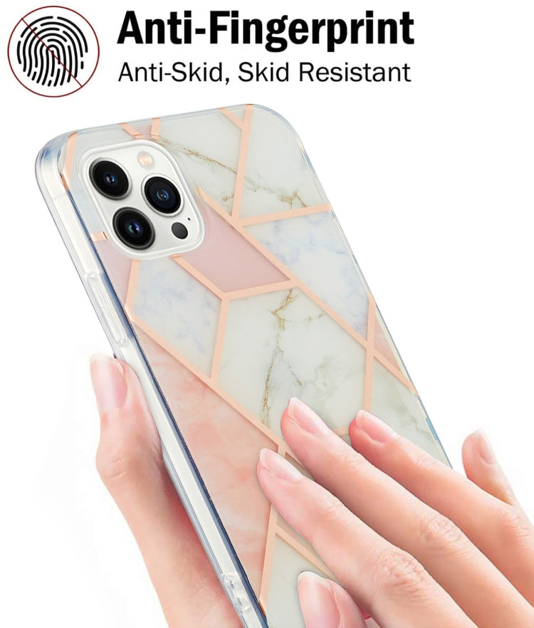 For iPhone 14 Pro Max Electroplating Splicing Marble Flower Pattern Dual-side IMD TPU Shockproof Phone Case