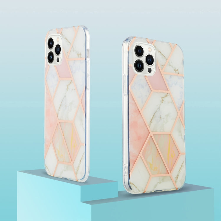 For iPhone 14 Pro Max Electroplating Splicing Marble Flower Pattern Dual-side IMD TPU Shockproof Phone Case