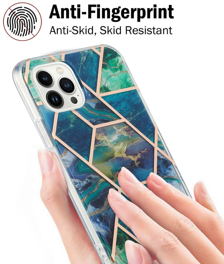 For iPhone 14 Pro Max Electroplating Splicing Marble Flower Pattern Dual-side IMD TPU Shockproof Phone Case