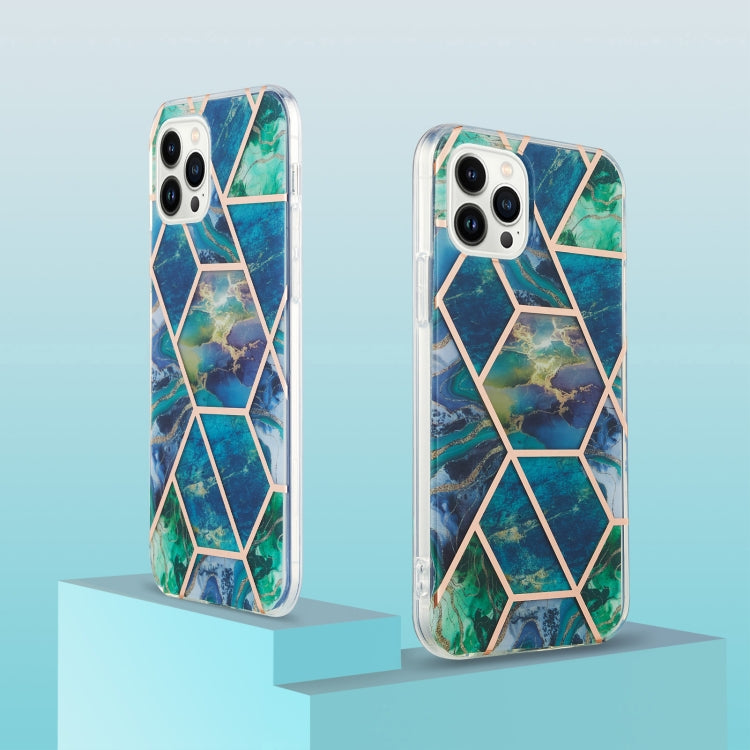 For iPhone 14 Pro Max Electroplating Splicing Marble Flower Pattern Dual-side IMD TPU Shockproof Phone Case