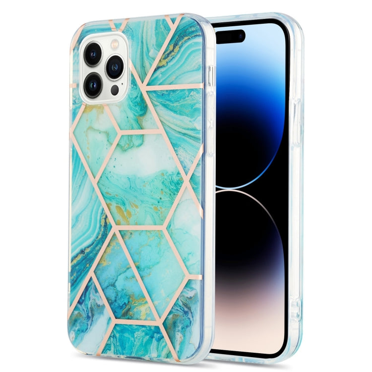 For iPhone 14 Pro Max Electroplating Splicing Marble Flower Pattern Dual-side IMD TPU Shockproof Phone Case