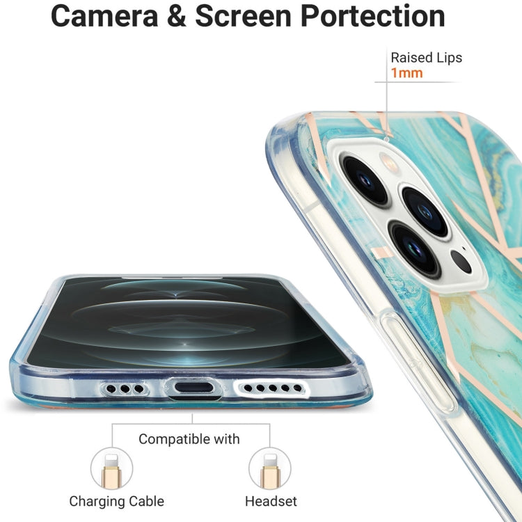 For iPhone 14 Pro Max Electroplating Splicing Marble Flower Pattern Dual-side IMD TPU Shockproof Phone Case