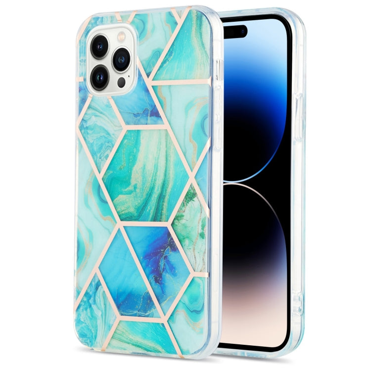 For iPhone 14 Pro Max Electroplating Splicing Marble Flower Pattern Dual-side IMD TPU Shockproof Phone Case