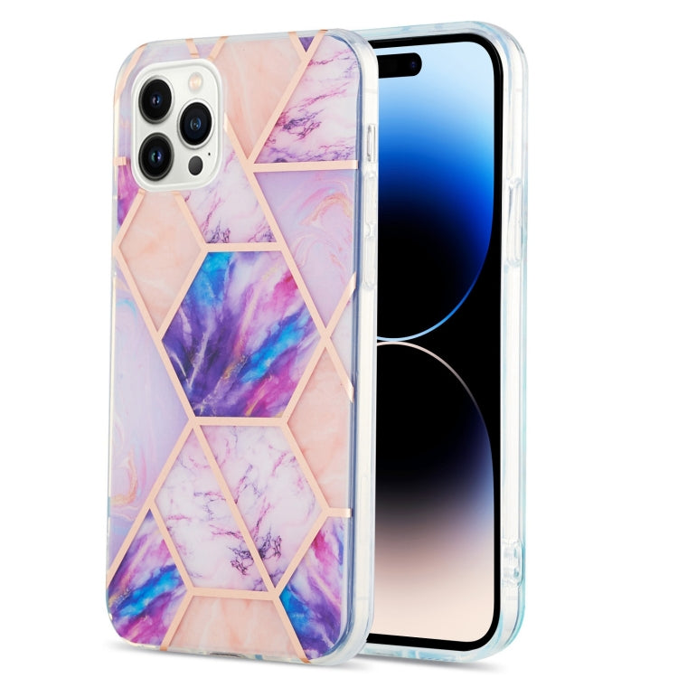 For iPhone 14 Pro Max Electroplating Splicing Marble Flower Pattern Dual-side IMD TPU Shockproof Phone Case