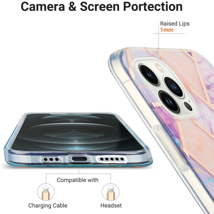 For iPhone 14 Pro Max Electroplating Splicing Marble Flower Pattern Dual-side IMD TPU Shockproof Phone Case