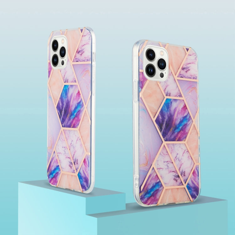 For iPhone 14 Pro Max Electroplating Splicing Marble Flower Pattern Dual-side IMD TPU Shockproof Phone Case