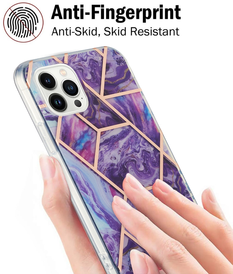 For iPhone 14 Pro Max Electroplating Splicing Marble Flower Pattern Dual-side IMD TPU Shockproof Phone Case