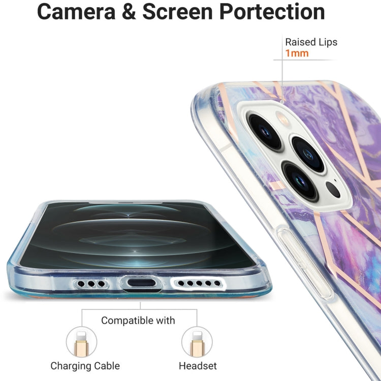 For iPhone 14 Pro Max Electroplating Splicing Marble Flower Pattern Dual-side IMD TPU Shockproof Phone Case