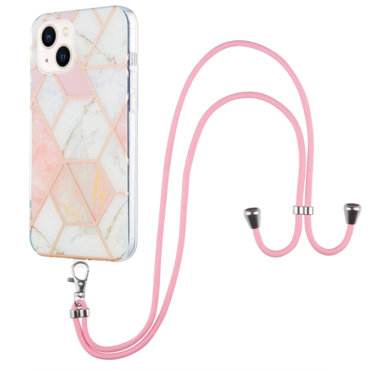 For iPhone 14 Electroplating Splicing Marble Pattern Dual-side IMD TPU Shockproof Case with Neck Lanyard