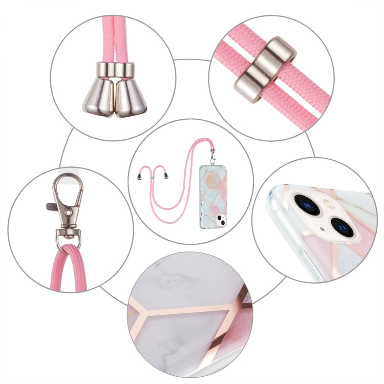 For iPhone 14 Electroplating Splicing Marble Pattern Dual-side IMD TPU Shockproof Case with Neck Lanyard