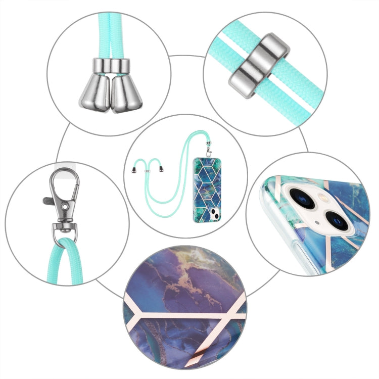For iPhone 14 Electroplating Splicing Marble Pattern Dual-side IMD TPU Shockproof Case with Neck Lanyard
