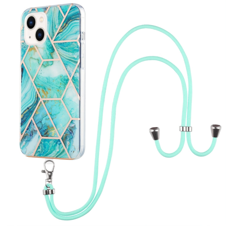 For iPhone 14 Electroplating Splicing Marble Pattern Dual-side IMD TPU Shockproof Case with Neck Lanyard