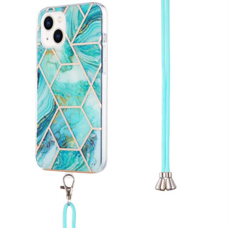 For iPhone 14 Electroplating Splicing Marble Pattern Dual-side IMD TPU Shockproof Case with Neck Lanyard