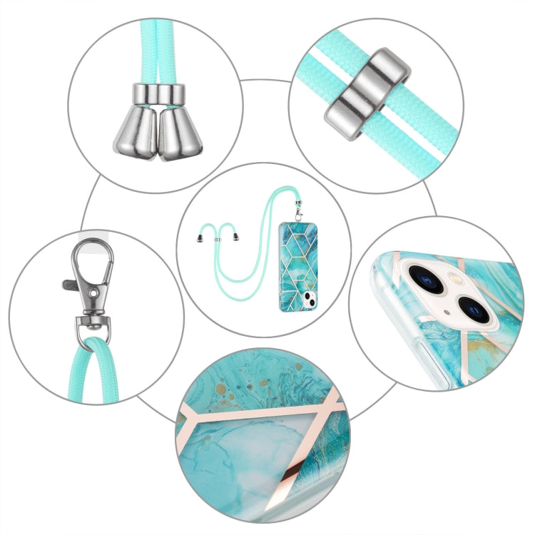 For iPhone 14 Electroplating Splicing Marble Pattern Dual-side IMD TPU Shockproof Case with Neck Lanyard