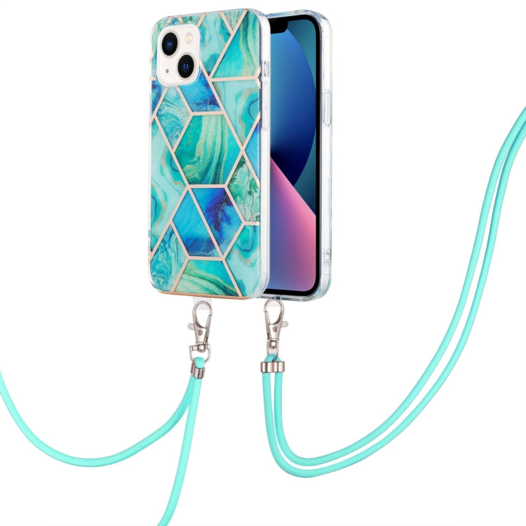 For iPhone 14 Electroplating Splicing Marble Pattern Dual-side IMD TPU Shockproof Case with Neck Lanyard