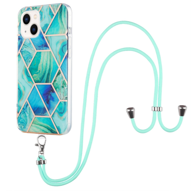 For iPhone 14 Electroplating Splicing Marble Pattern Dual-side IMD TPU Shockproof Case with Neck Lanyard