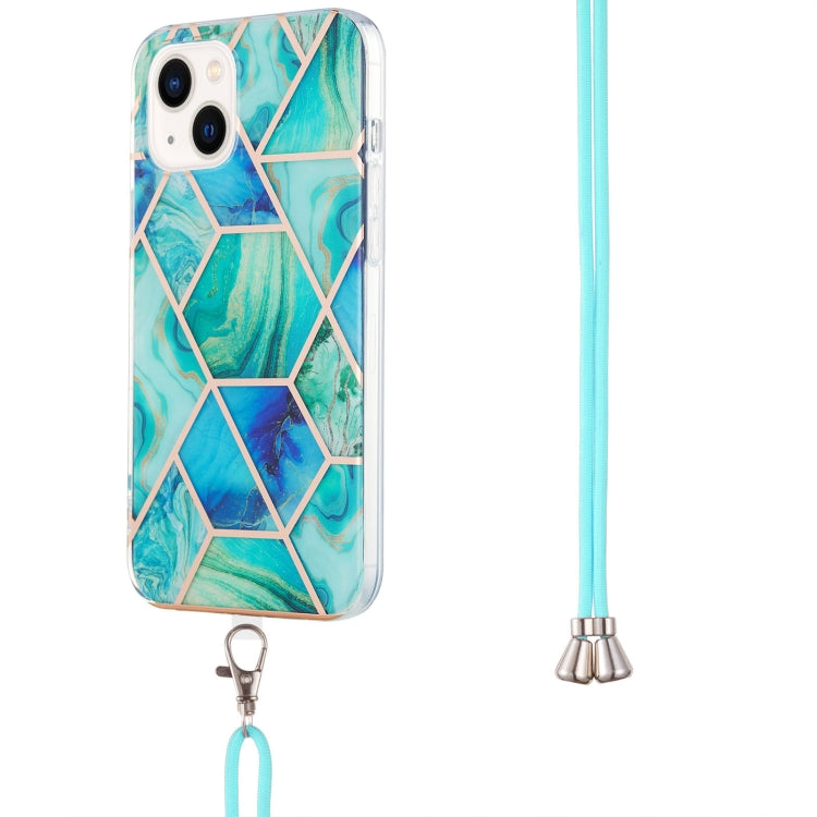 For iPhone 14 Electroplating Splicing Marble Pattern Dual-side IMD TPU Shockproof Case with Neck Lanyard