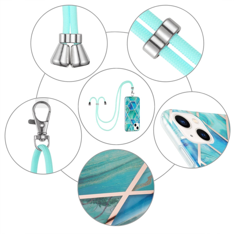 For iPhone 14 Electroplating Splicing Marble Pattern Dual-side IMD TPU Shockproof Case with Neck Lanyard