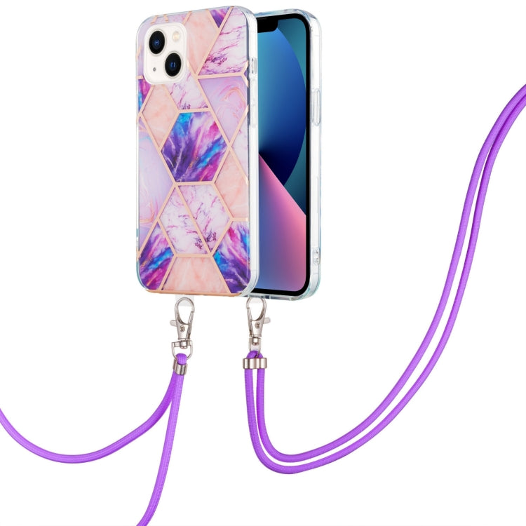 For iPhone 14 Electroplating Splicing Marble Pattern Dual-side IMD TPU Shockproof Case with Neck Lanyard