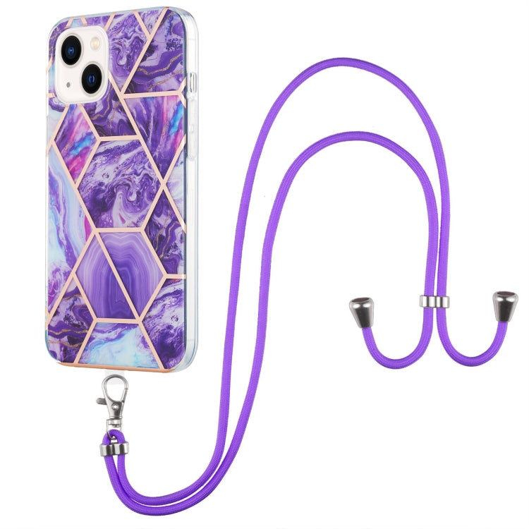 For iPhone 14 Electroplating Splicing Marble Pattern Dual-side IMD TPU Shockproof Case with Neck Lanyard