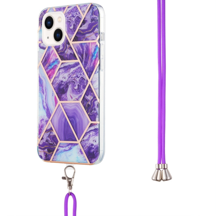 For iPhone 14 Electroplating Splicing Marble Pattern Dual-side IMD TPU Shockproof Case with Neck Lanyard