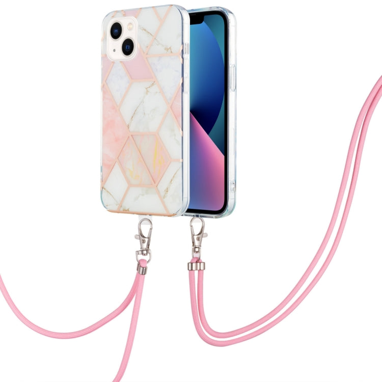 For iPhone 14 Plus Electroplating Splicing Marble Pattern Dual-side IMD TPU Shockproof Case with Neck Lanyard