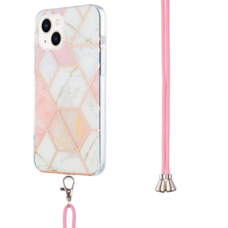 For iPhone 14 Plus Electroplating Splicing Marble Pattern Dual-side IMD TPU Shockproof Case with Neck Lanyard