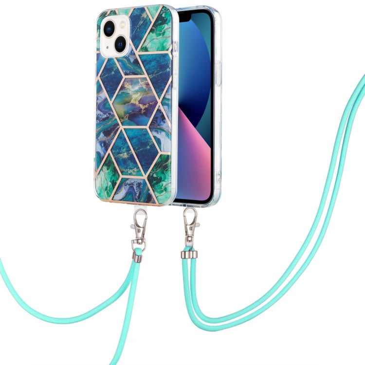 For iPhone 14 Plus Electroplating Splicing Marble Pattern Dual-side IMD TPU Shockproof Case with Neck Lanyard