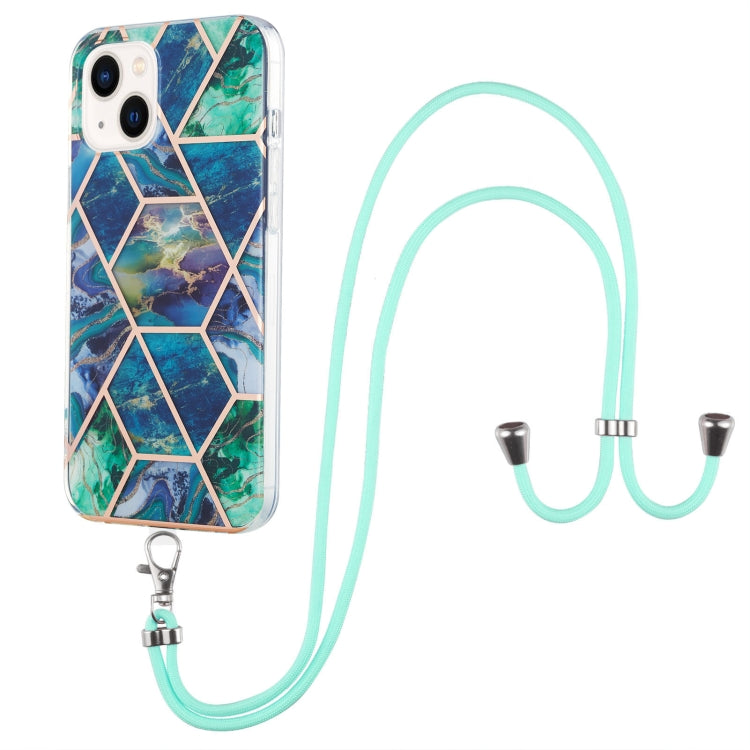 For iPhone 14 Plus Electroplating Splicing Marble Pattern Dual-side IMD TPU Shockproof Case with Neck Lanyard