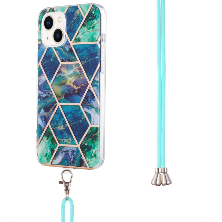 For iPhone 14 Plus Electroplating Splicing Marble Pattern Dual-side IMD TPU Shockproof Case with Neck Lanyard
